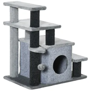 Adjustable Height Cat Stairs for Bed Cat House with Detachable Cover Pet Steps for Sofa 3-Step/ 4-StepWith Hanging Ball 60 x 40 x 66 cm Grey