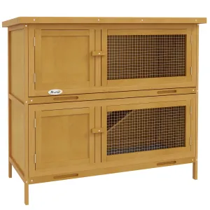 PawHut Double Decker Rabbit Hutch Bunny Cage Pet House Outdoor W/ Tray, Yellow